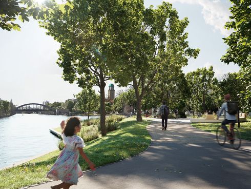 Visualisierung Spandauer Horn, Fußgänger und Radfahrer nutzen gemeinsam den Radfernweg