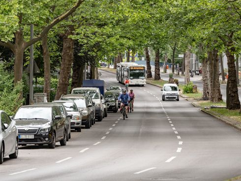 Fahrradfahrende fahren auf einer Fahrspur auf dem Steglitzer Damm