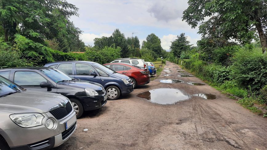 Parkende Autos und tiefe Pfützen auf Rad- und Gehweg Spree-Rad- und Wanderweg