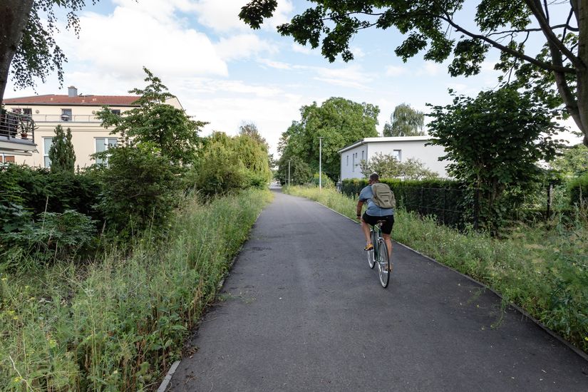 Asphaltierter gemeinsamer Gehweg und Radweg durch Grünanlage Münsterberger Weg