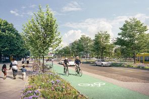 Visualisierung eines grünmarkierten Radfahrstreifens, mit Bäumen gesäumte Straße, Radfahrer und Fußgänger