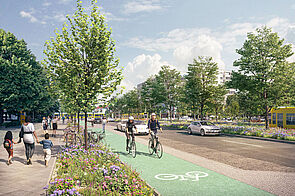 Visualisierung eines grünmarkierten Radfahrstreifens, mit Bäumen gesäumte Straße, Radfahrer und Fußgänger