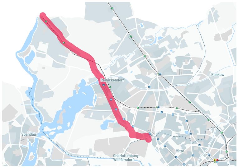 Kartenausschnitt Berlin mit Trassenkorridor RSV Reinickendorf-Route
