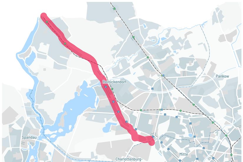 Kartenausschnitt Berlin mit Trassenkorridor RSV Reinickendorf-Route