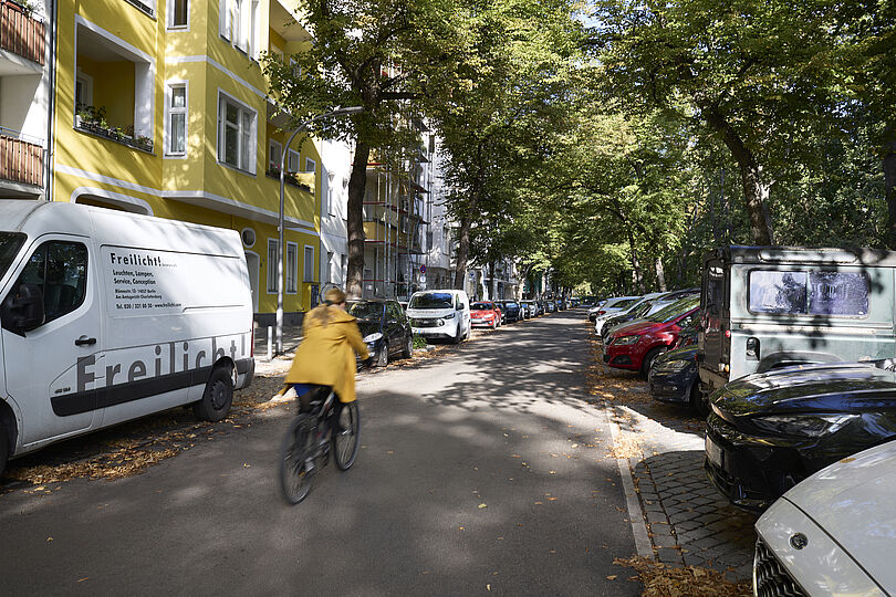 Asphaltierter Straße mit einem Radfahrenden.