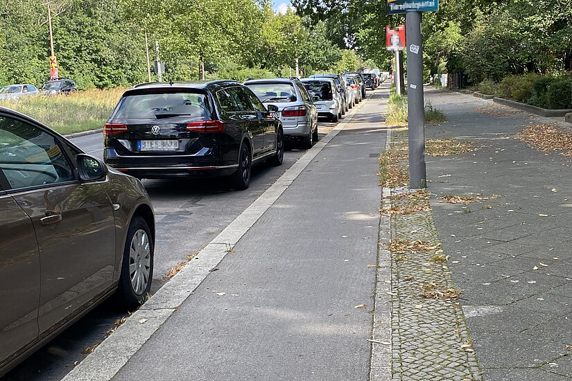 Radweg an der Wuhlheide zwischen Gehweg und parkenden Autos