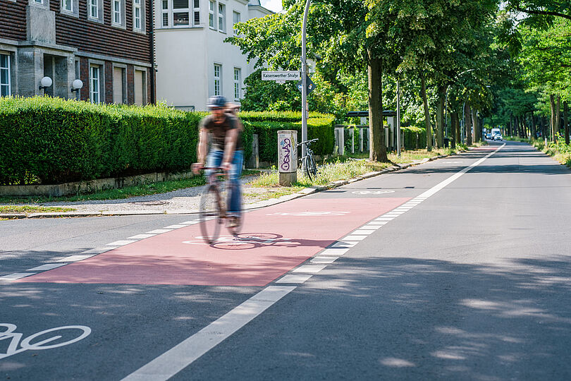 Fahrradfahrer fährt auf einem Radfahrstreifen, durch die Bewegung ist er auf dem Foto leicht unscharf