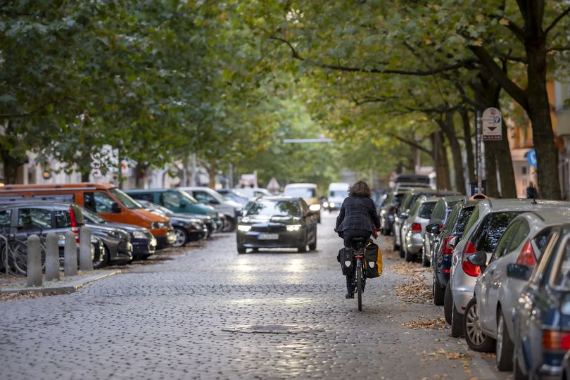 Stadtstraße in Berlin mit parkenden Autos und Bäumen auf beiden Straßenseiten, Auto- und Radverkehr auf der mit Kopfstein gepflasterten Straße
