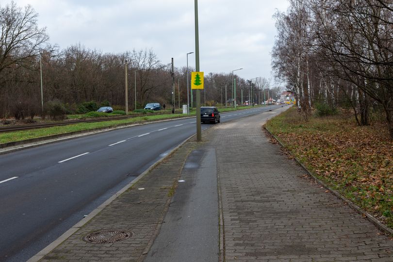 zweispurige Straße, links davon Tram-Gleise, rechts davon ein breiter Gehweg