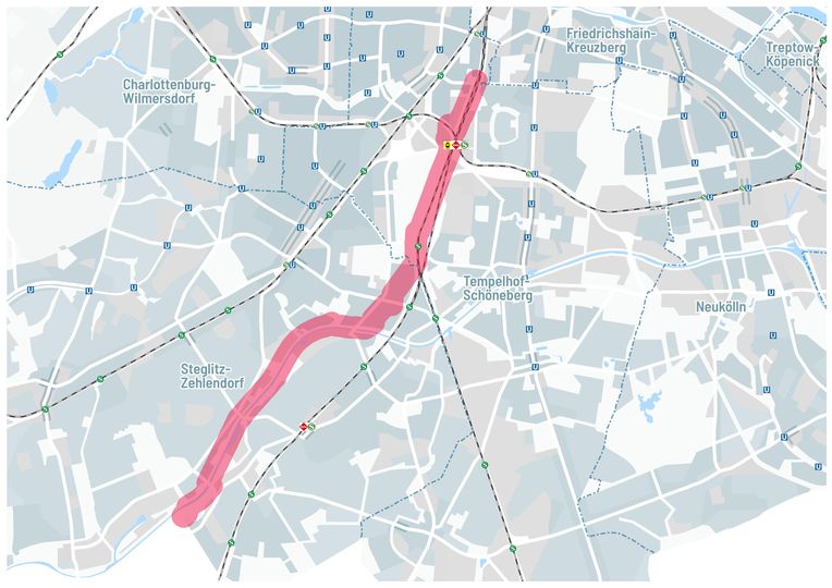 Kartenausschnitt Berlin mit Trassenkorridor der Radschnellverbindung Teltowkanalroute