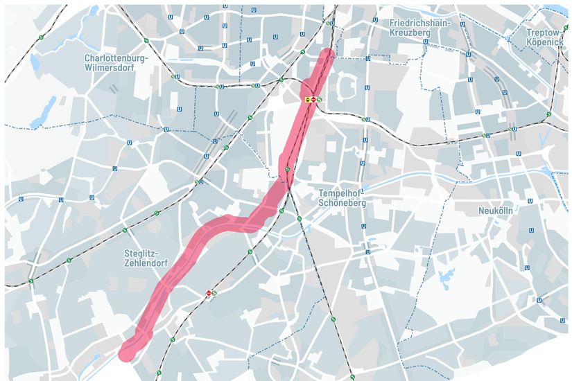 Kartenausschnitt Berlin mit Trassenkorridor der Radschnellverbindung Teltowkanalroute