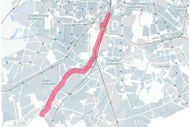 Kartenausschnitt Berlin mit Trassenkorridor der Radschnellverbindung Teltowkanalroute
